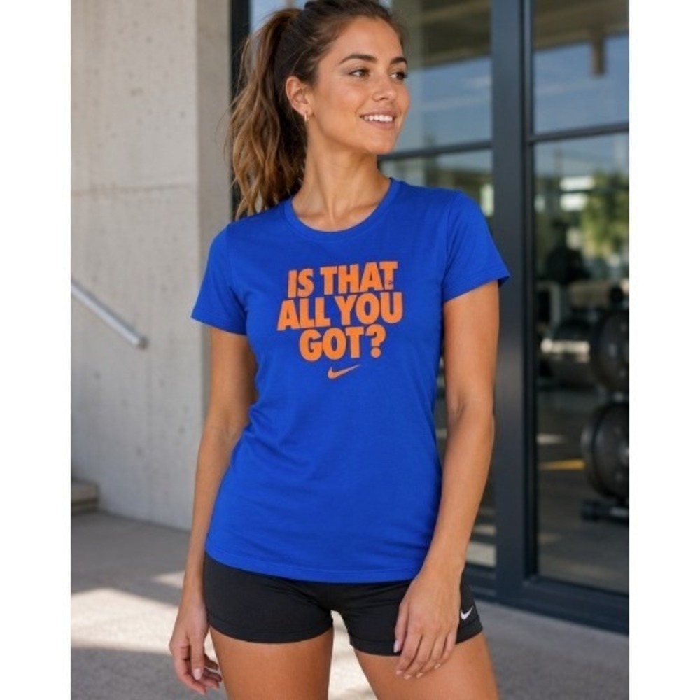 Nike Womens Slim Fit Graphic Tee Blue Orange Is That All You Got? Shirt Medium